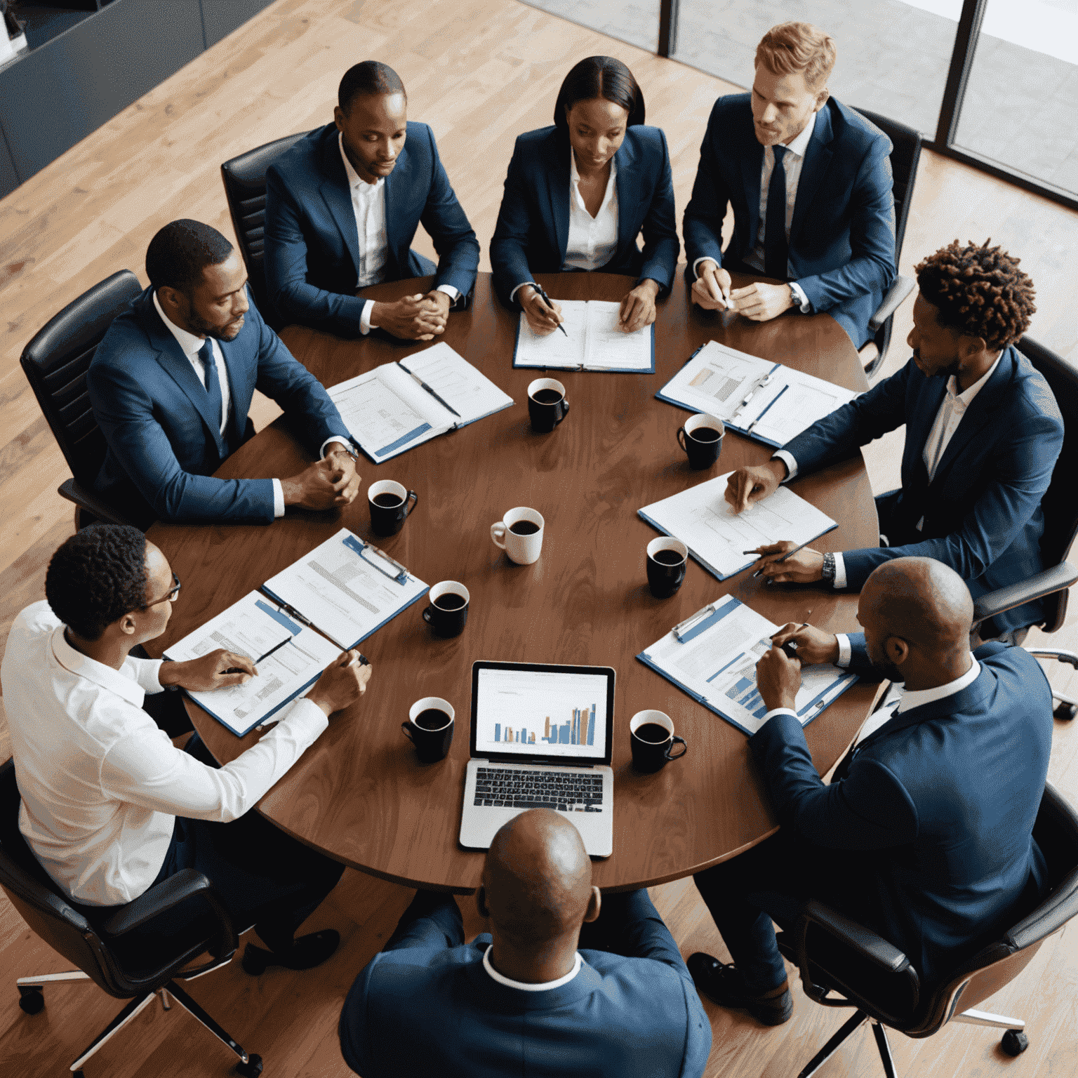 A group of business professionals gathered around a conference table, discussing strategic plans and growth strategies for their company in South Africa.