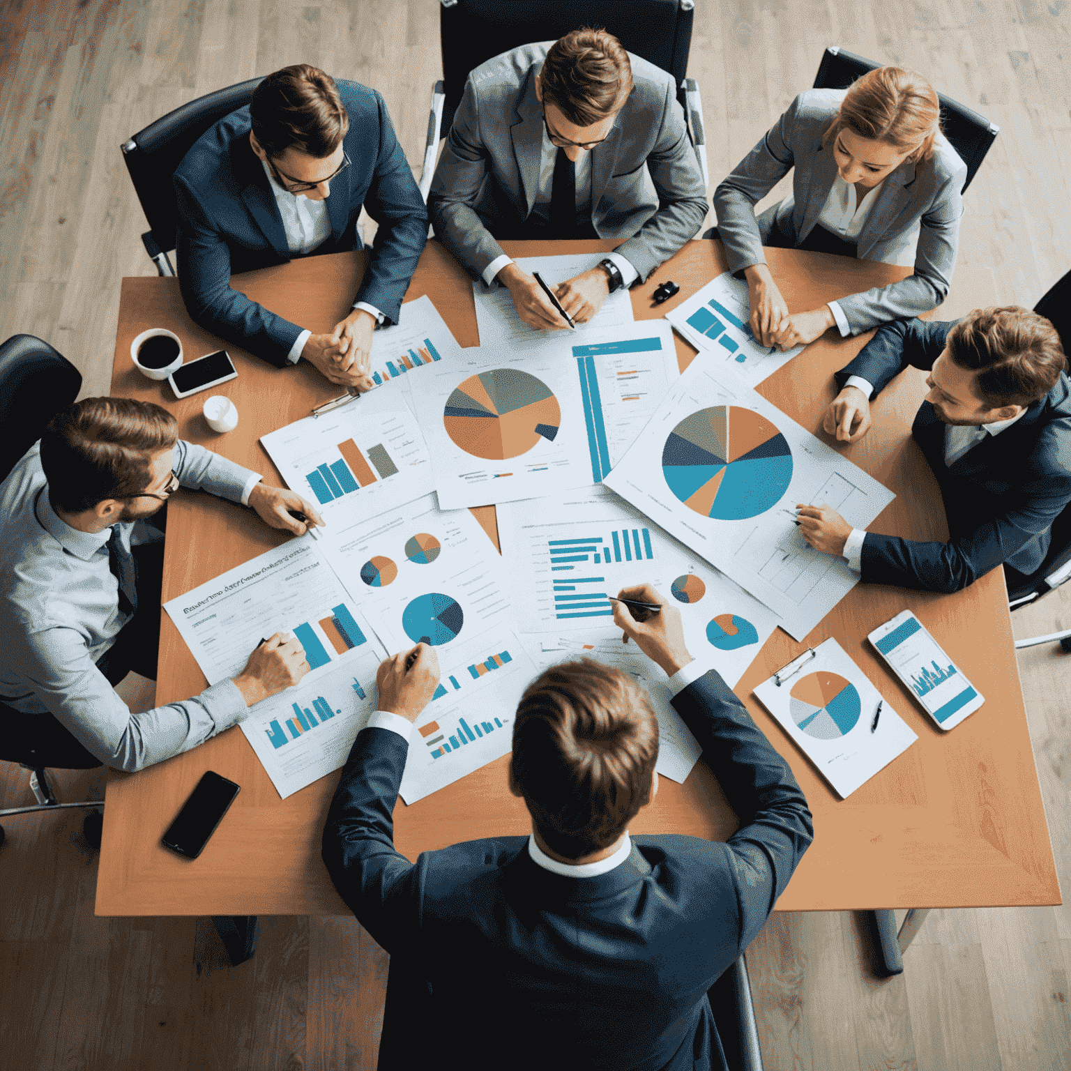 A team of business professionals gathered around a conference table, engaged in strategic planning discussions with financial reports and charts spread out in front of them