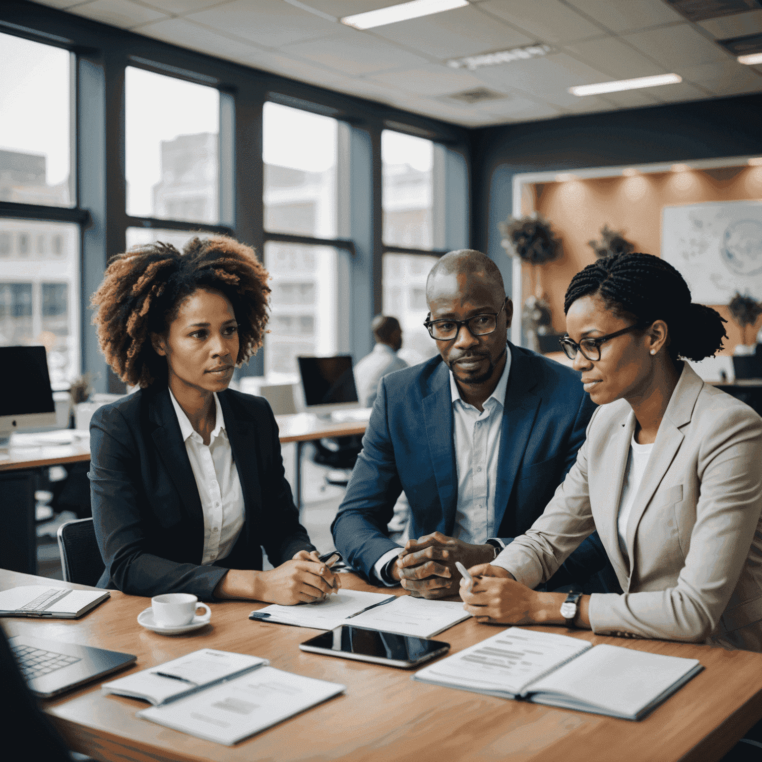 South African business professionals discussing technology strategy in a modern office setting