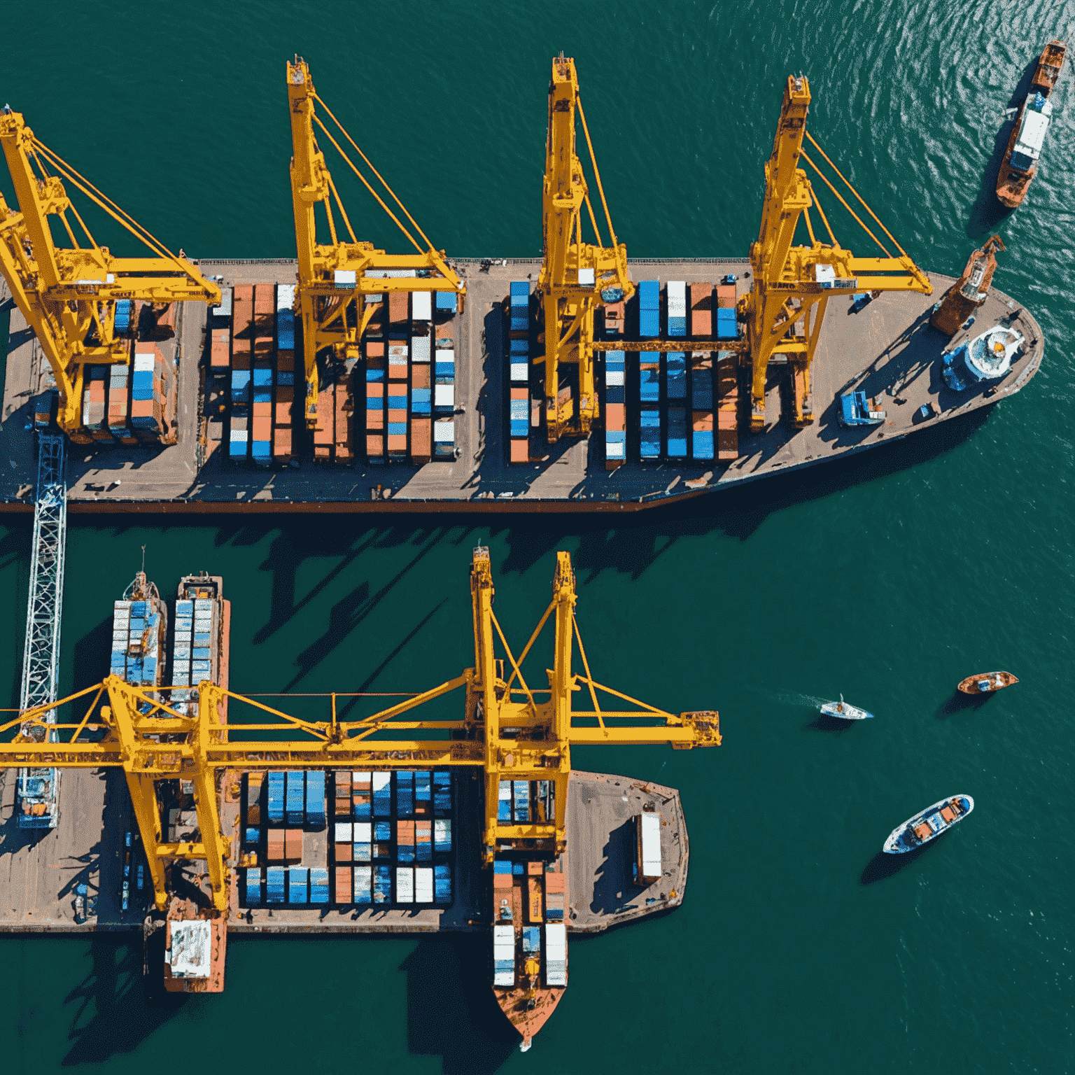 Aerial view of a busy shipping port in South Africa with cranes loading and unloading cargo from ships