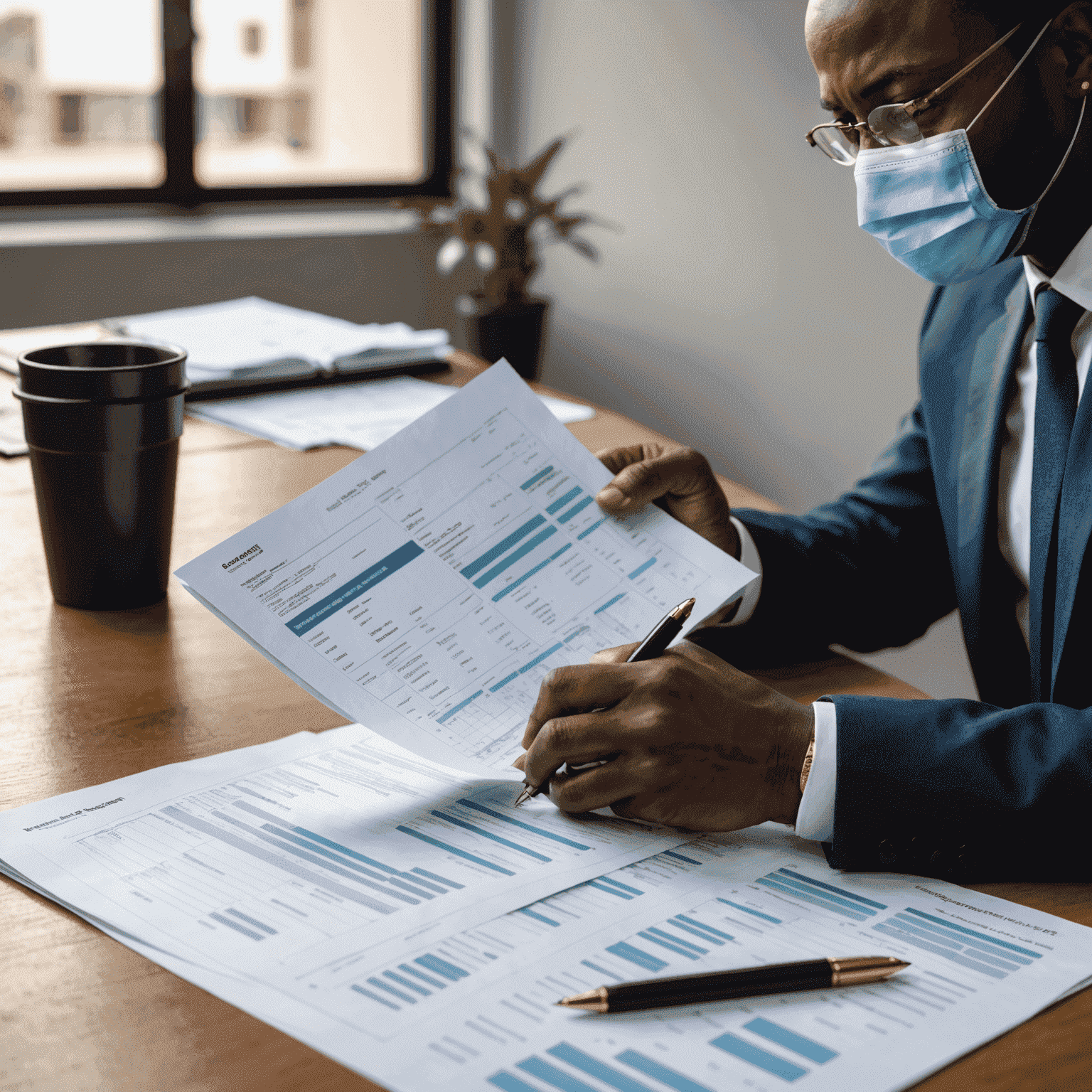 A person reviewing financial documents and charts, representing the challenges faced by businesses in South Africa in the post-pandemic world.